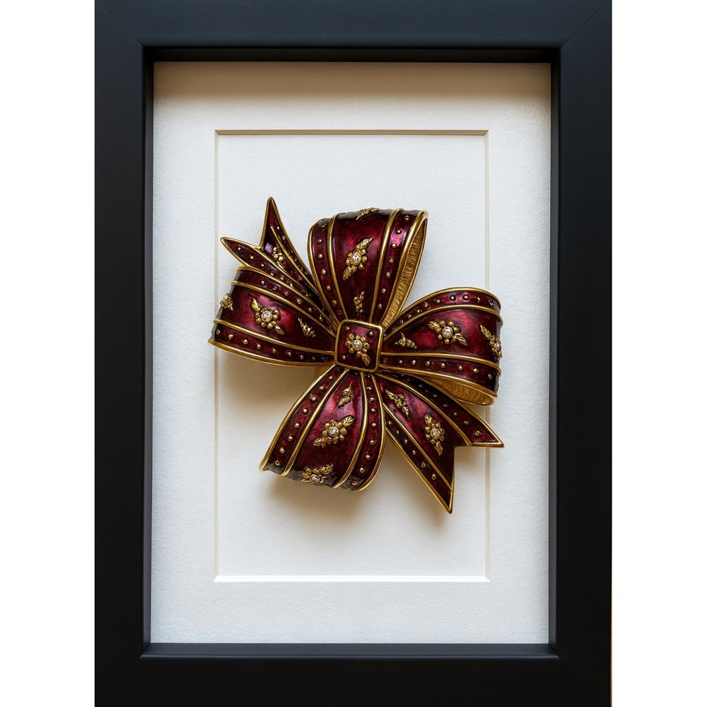 Vintage Joan Rivers Maroon Gold Tone Floral Detailed Bow Statement Brooch Pin